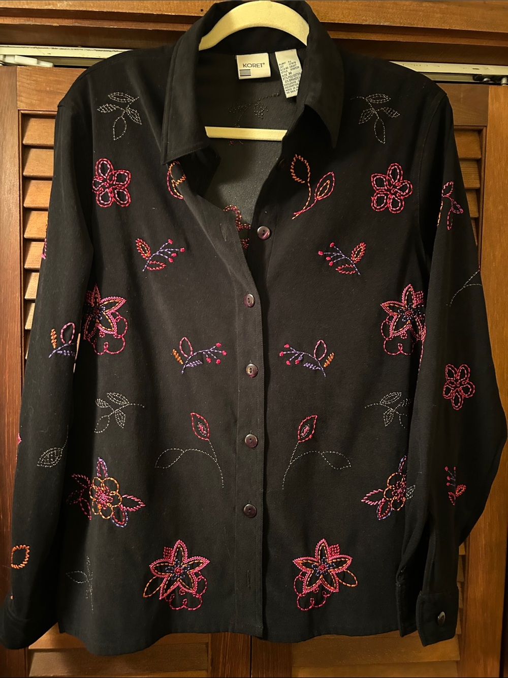Koret Black Button-Down Shirt with Pink & Purple Floral Embroidery
